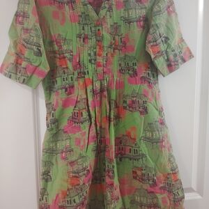 Melange Green and Pink Kids Dress with Button Accents